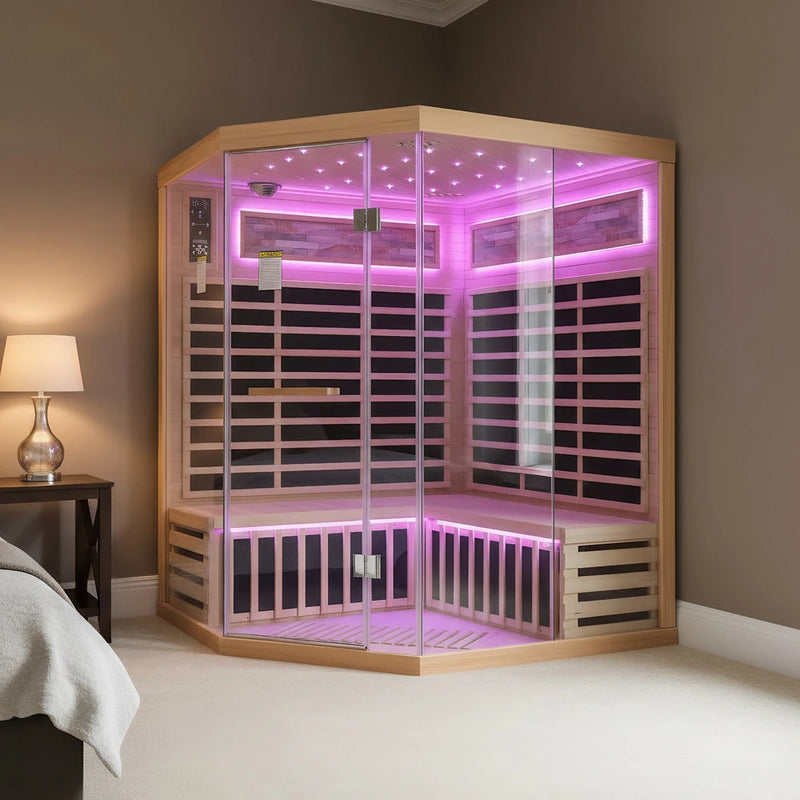 4-Person Corner Infrared Sauna – Canadian Hemlock