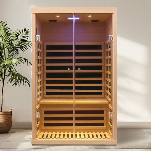 2-Person Indoor Infrared Sauna – Hemlock Wood with Double Glass Doors