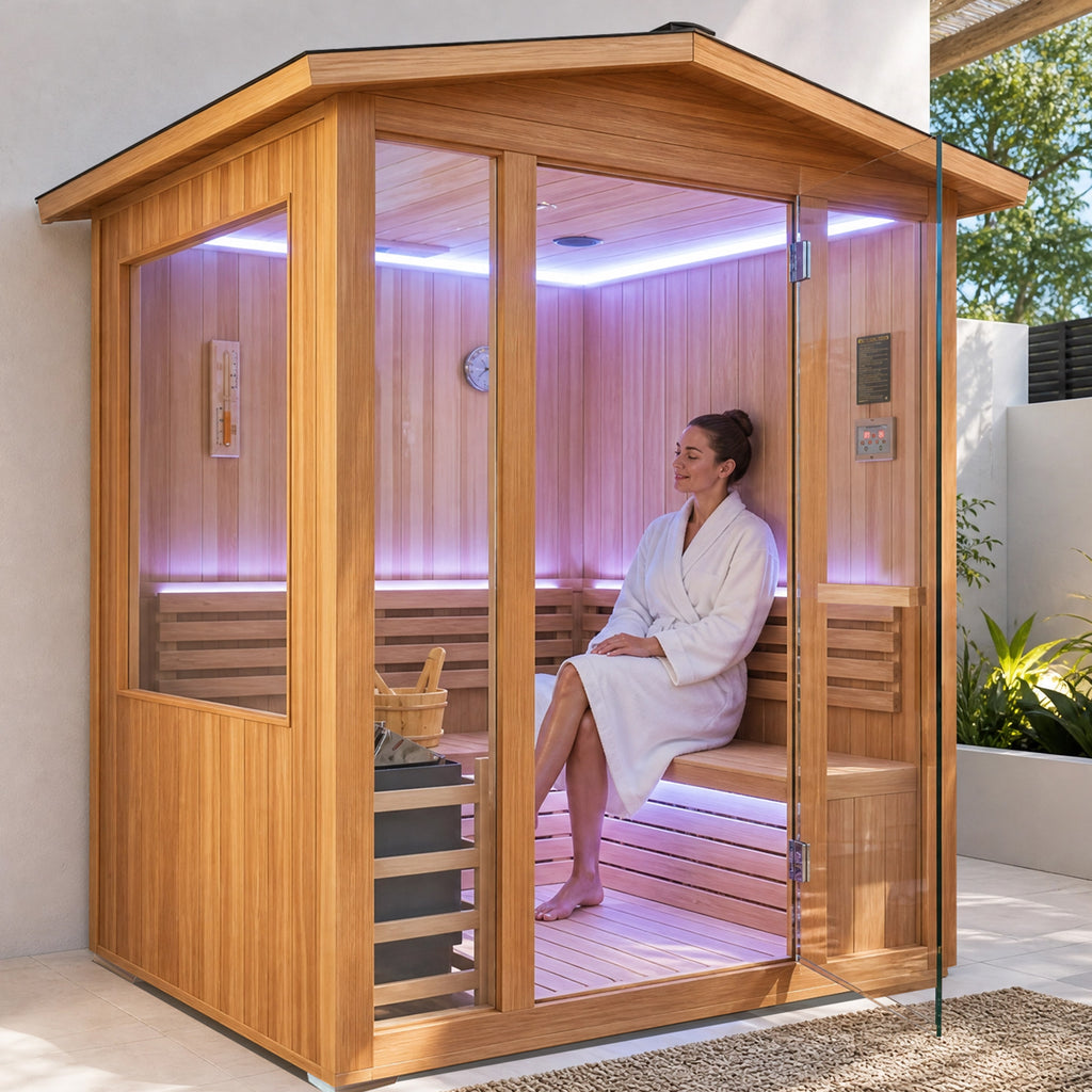 6000W 240V Traditional Outdoor Steam Sauna for 4 People with Fragrant Cedar Wood in American White Oak Finish, Wood+Paper+Glass+Metal
