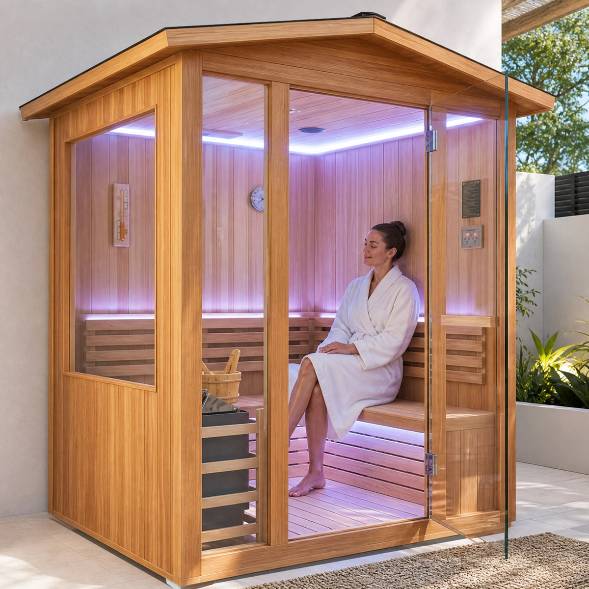 6000W 240V Traditional Outdoor Steam Sauna for 4 People with Fragrant Cedar Wood in American White Oak Finish, Wood+Paper+Glass+Metal