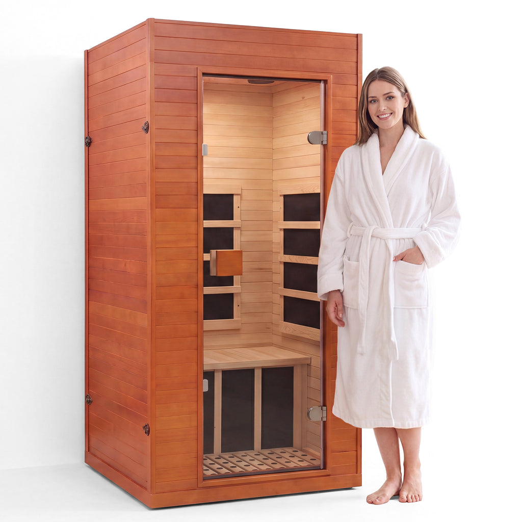 Smart Infrared Sauna for Home, 1-Person Canadian Hemlock Wood Far Infrared Sauna Cabin with Smart Voice Control and Bluetooth Speakers & Red Light Therapy, Low EMF Personal Spa Relaxation