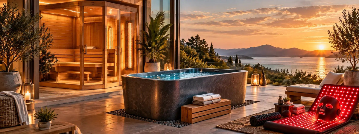 Home sauna, cold plunge tub and red light therapy mat on an outdoor patio at sunset